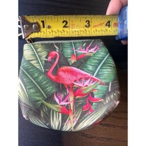 Coin Purse- FLAMINGOS- pink - green leaves - - gold colored key ring and clip